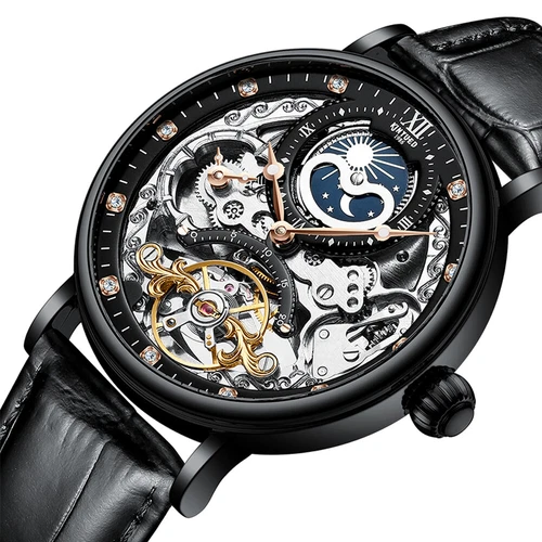 KINYUED Skelett Tourbillon Mondphase Mechanische Uhr Luxus Herren Diamant Uhr - Bild 14 von 22