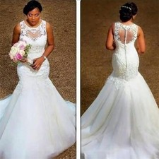 Elegant Mermaid Wedding Dresses Lace Applique O-Neck Bridal Gowns Tulle Train