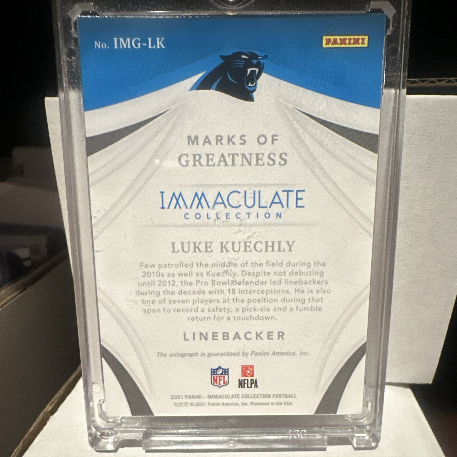Panini 2021 Immaculate Marks of Greatness Luke Kuechly Auto #IMG-10 /49 view 2