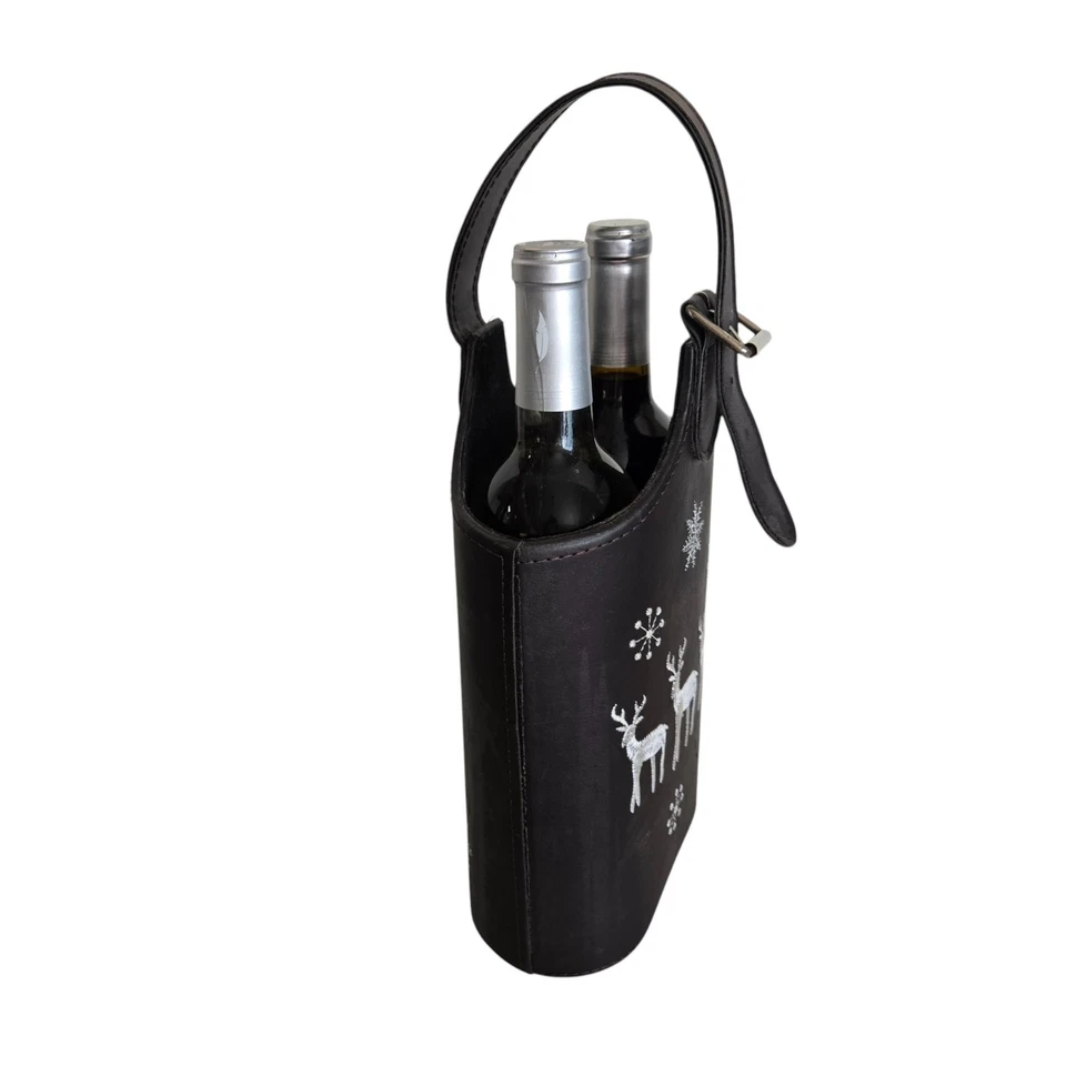 Black Leather 2-Bottle Wine Tote Embroidered Reindeer Buckle Christmas Winter - Image 3 of 4