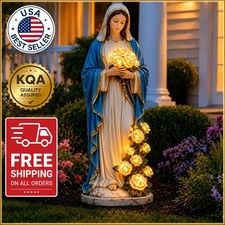 Virgin Mary Garden Light, Mary Statue With LED Glowing Roses Resin Blessed Decor