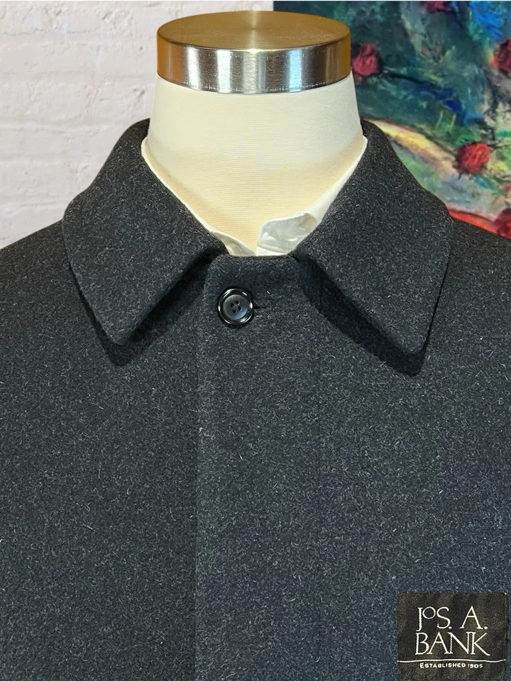 Jos A Bank Mens 44R Dark Gray Wool Professional Long OverCoat Top Coat - Image 4 of 4