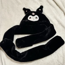 Stylish Kuromi Hat with scarf and Hand Warmers Black Super Soft Plush lined