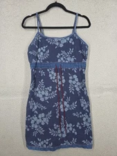 Y2K Size Small S Reversible Floral Blue Jean Denim Mini Babydoll Jumper Dress