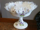 Vintage FENTON Violets In The Snow PEDESTAL Candy DISH Silver Crested 6" SIGNED