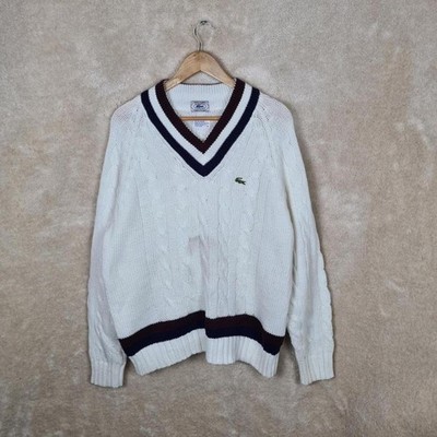 Vintage Izod Lacoste Tennis Strick Pullover Herren XL weiß Krokodil Logo Z794