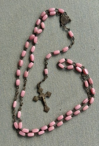 Antique 1920s Rosary Delicate Pink Lucite Beads/Crucifix/Virgin Mary Medal/Roma