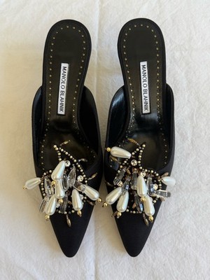 Manolo Blahnik Black Grosgrain Orientalia Pearl Crystal Mules