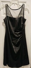 Onyx Nite Black Dress Size 12 Satin Sheer Top Mesh Ruched Prof Dry Cleaned