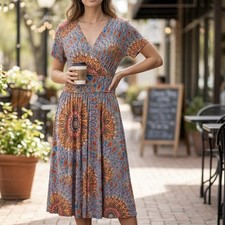 Weaczzy Mandala AOP MIDI Wrap Dress Womens M Boho Dopamine Dressing Colorful