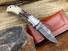 Personalized Engraved Pocket knife Custom Damascus Folding Hunting Knife Sheath