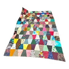 Handmade Crazy Patchwork Quilt 93  x 71" Colorful Vintage Fabric Twin Retro Boho