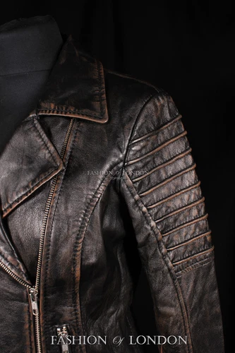 Ladies JENNER Biker Fitted Jacket Black Washed Vintage Look Soft Leather Jacket - Picture 9 of 13