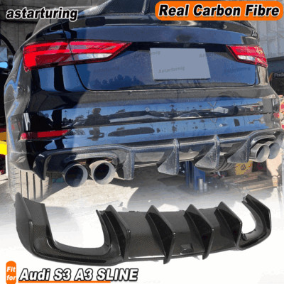 REAL CARBON Rear Bumper Lip Bar Diffuser Spoiler Fit For Audi S3 A3 SLINE 17-20