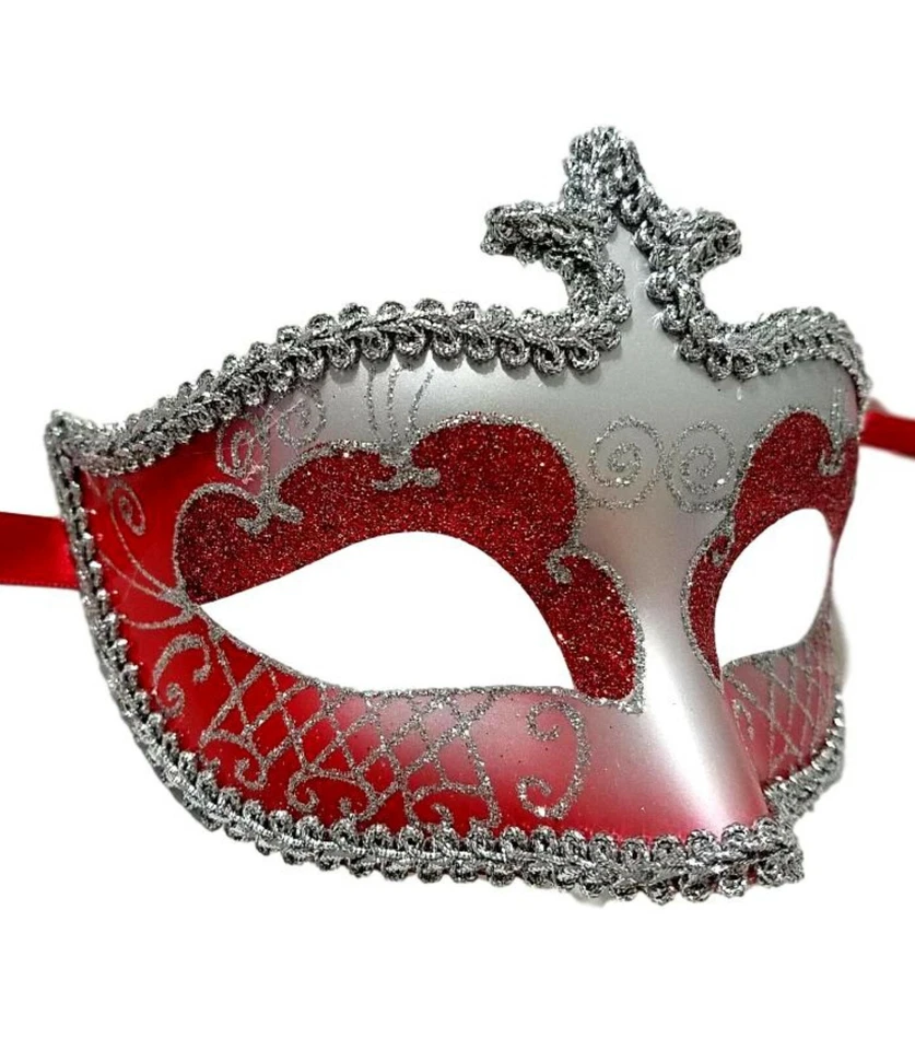Red Silver Glitter Venetian Masquerade Mask Halloween New Years Party - Image 2 of 2