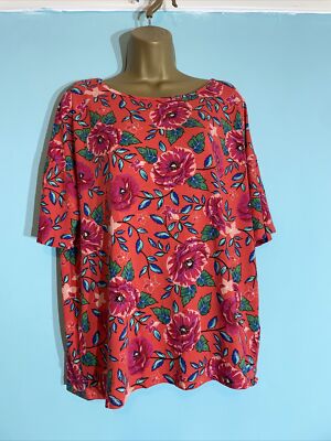 Damen-T-Shirt Bluse TU Uk 16 orange Blumen kurzärmlig lässig Stretch Relax.