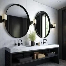 2x 30" Round Mirror Metal Framed Mirror Wall Bathroom Mirror, Black, 1.3in Thick