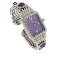 HSN Colleen Lopez Stainless Steel Amethyst Gemstone Dial Cuff Watch