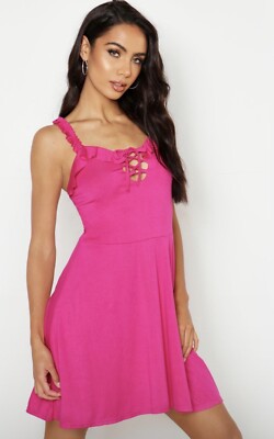 Boohoo Jersey Lace Up Detail Skater Dress Pink Size 10 New with Tags  UK