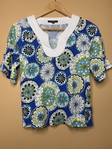 Tommy Hilfiger Women Size Small Blouse V Neck Geometric Multicolor Short Sleeve - Picture 3 of 12