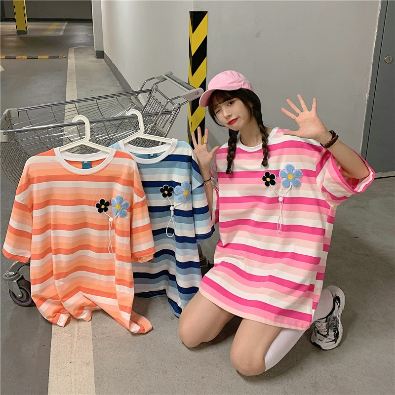 Unisex Stripe T-shirt Harajuku Daisy Embroidery Top Girl