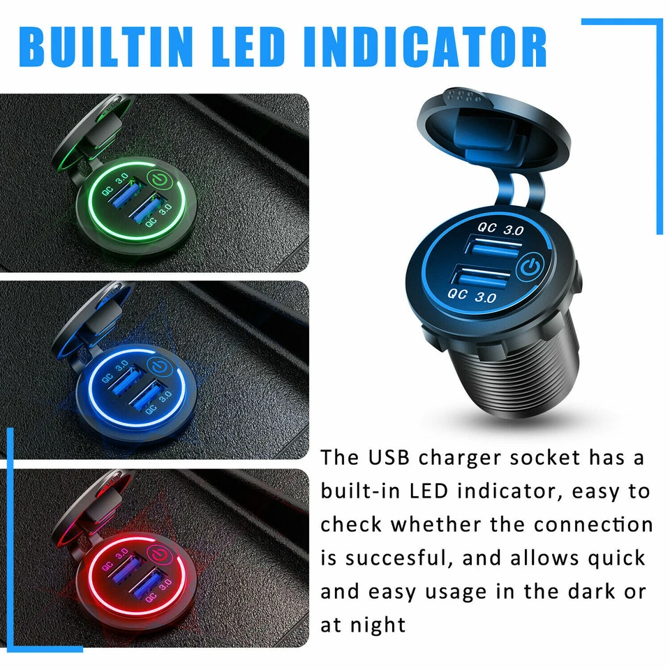 QC 3.0 Doble USB Coche Cargador Rápido Enchufe Toma de Alimentación LED Voltímetro Impermeable - Imagen 3 de 4
