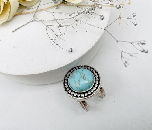 Lucky Brand Antiqued Silver Tone Turquoise Stone Medallion Statement Ring Size 8 - Afbeelding 1 van 8