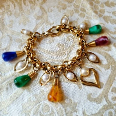 Bracelet Vintage 80's Esprit Couture Breloques Métal Doré Lucite Moirée L 21cm - Photo 1/4