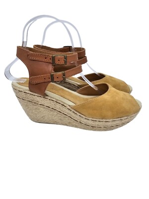Jacques Levine Tan Cognac Leather Suede Strappy Peep Toe Espadrille Wedge Sz 9