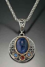 Hand Engraved Silver Lapis Lazuli Ruby Moonstone Round Necklace Vintage Design