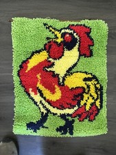 Vintage Handmade Chicken Rooster Latch Hook Rug Completed Decor Mcm