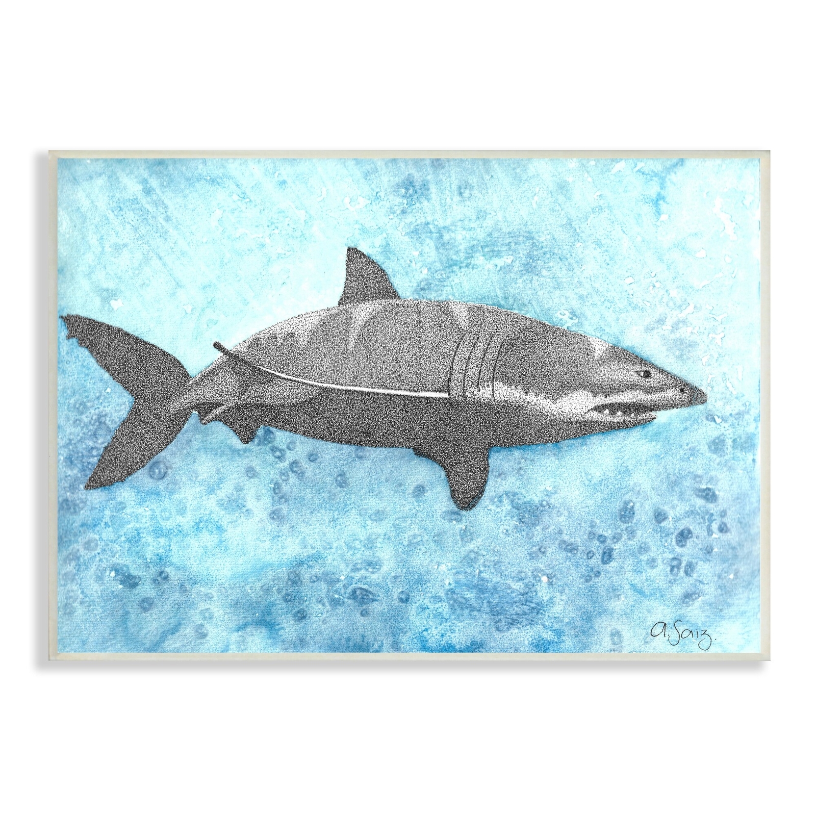 Stupell Great White Shark Aqua Blue Ocean Water Splash Wood Wall Art