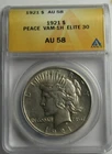 1921 Peace Silver Dollar,  AU58 ANACS, Vam-1H Elite 30, Great Strike.