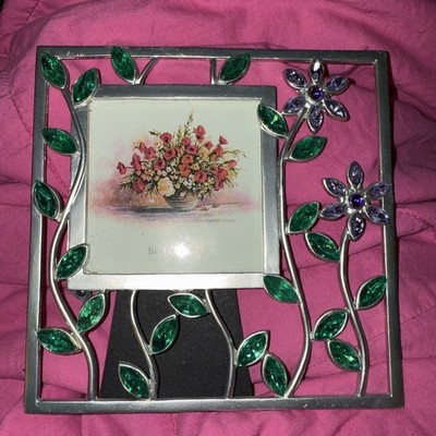 Vtg Rhinestone Floral Silver Picture Frame! Pix Size 3  X 3 
