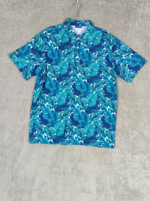 Hreski Polo Shirt Men L Green Tropica Leaves AOP Performance Golf Short Sleeve