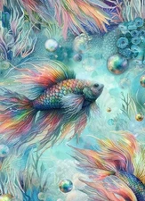 "Oceana" Rainbow Fish, Sea Life Fabric! 100% Cotton•1 yd BTY•GORGEOUS!Fast Ship 