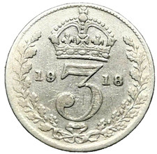 Silver George V  1st issue 3 Pence 1918 UNITED KINGDOM (660G)