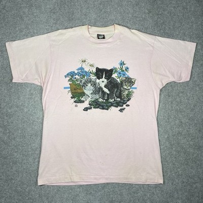 Vtg 90s Kitty Cat T Shirt Womens L Screen Stars Distressed Cute Graphic Oversize