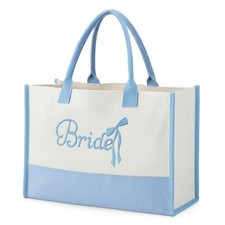 Bridal Tote Bag for Wedding Gift Blue Bow Embroidery Canvas Tote Bag for Brid...