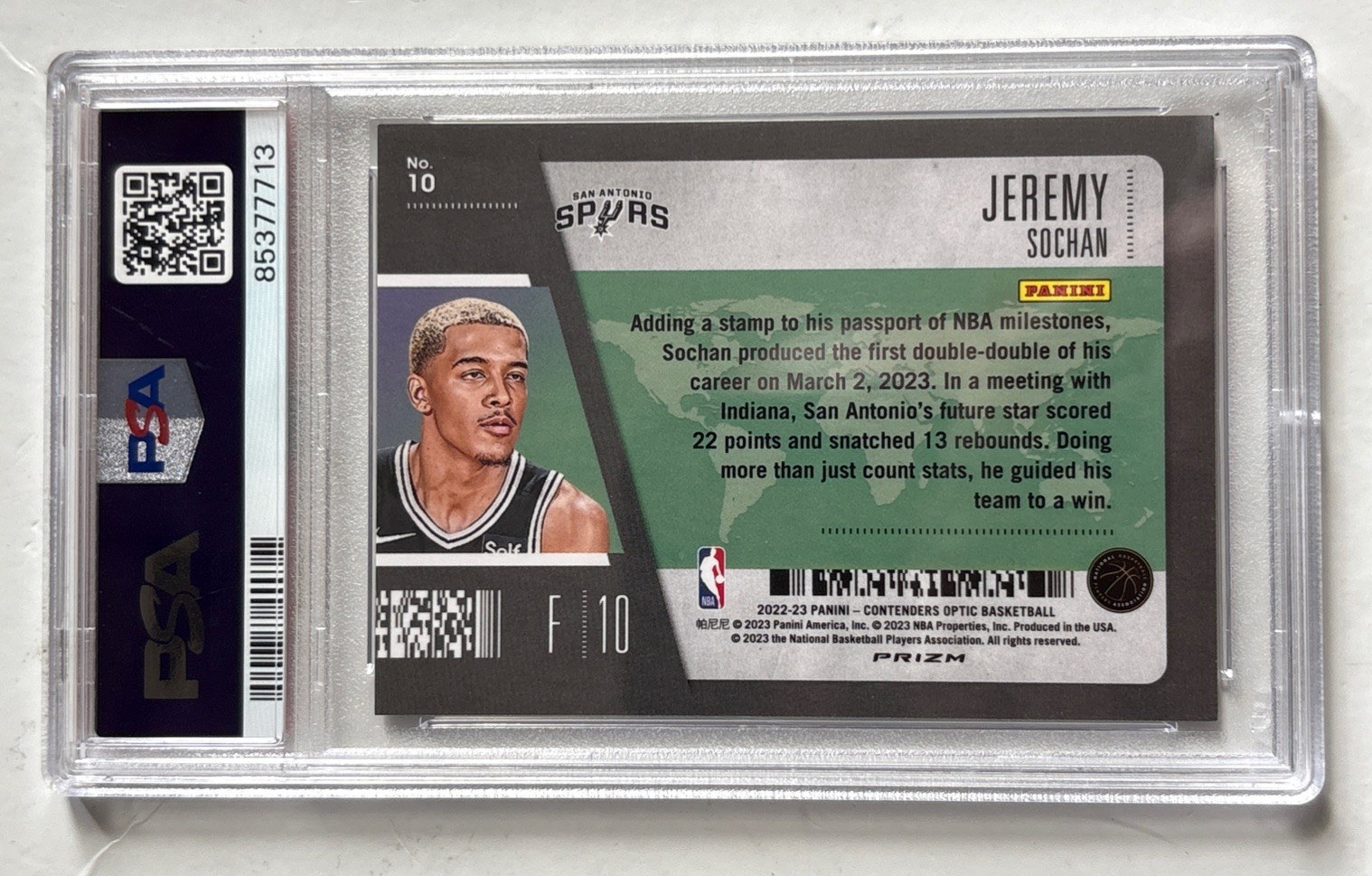 22-23 Contenders Optic Jeremy Sochan First Class Ticket silver PSA 7 view 2