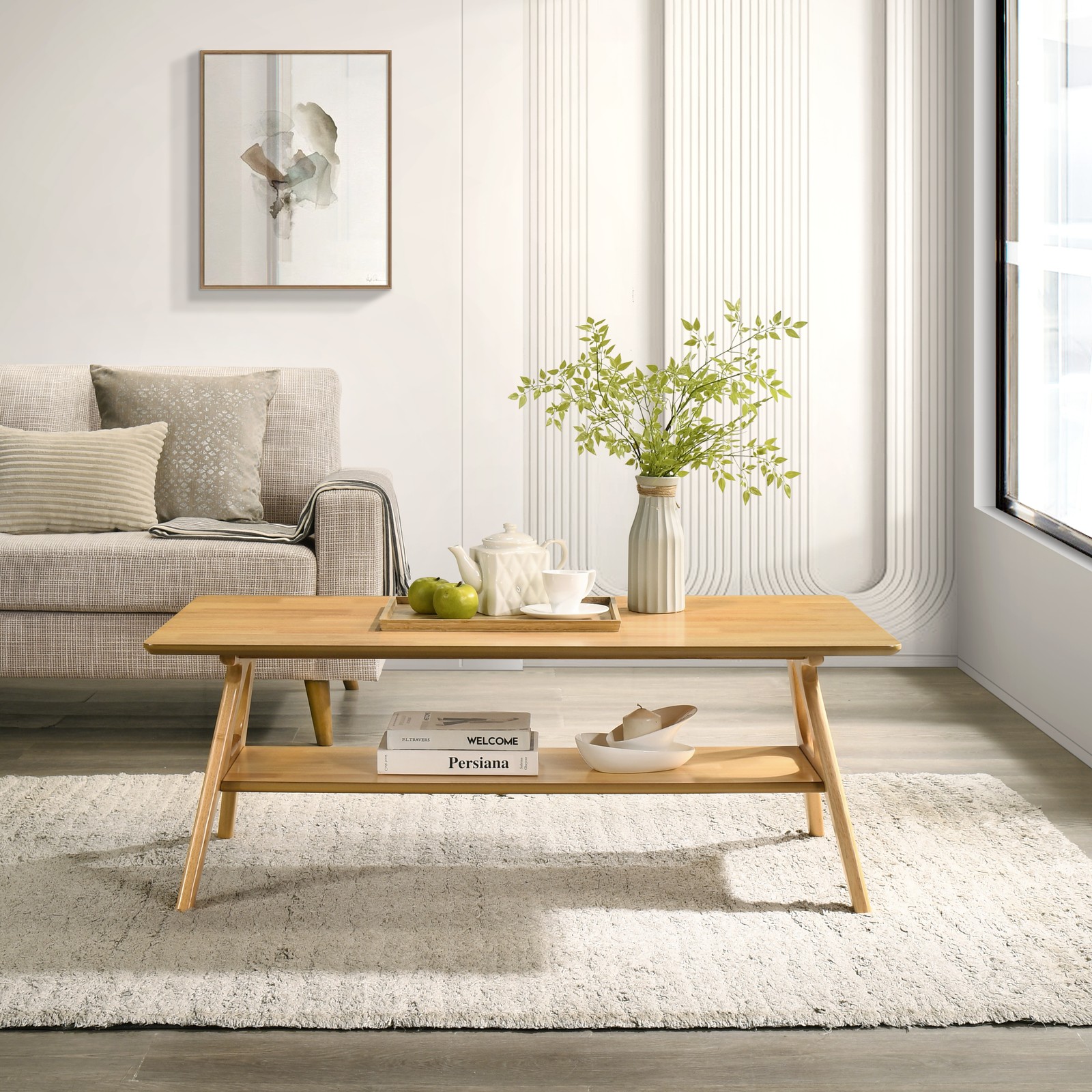Arona Mid-Century Modern Wood Coffee Table with Storage Shel