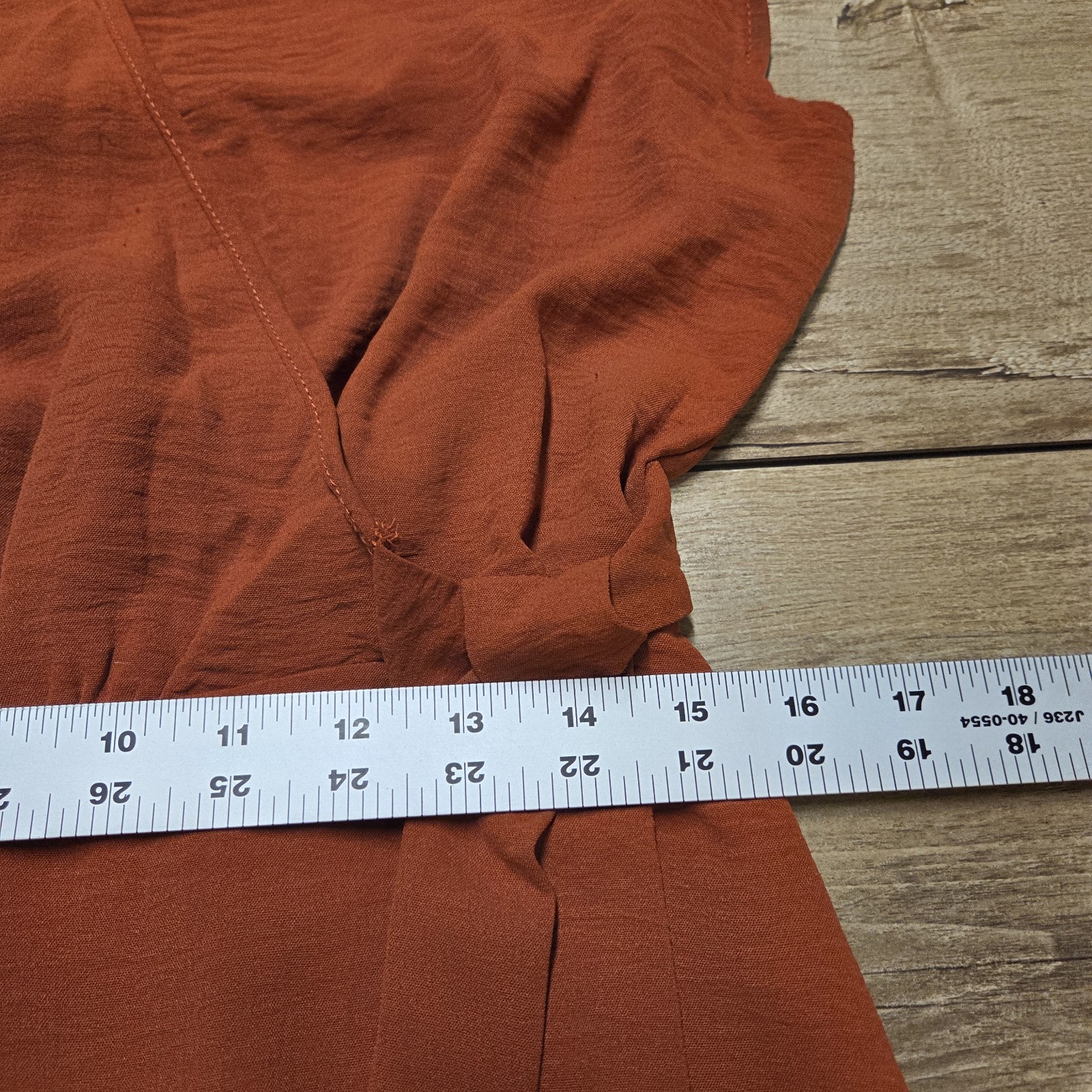 NAIF Faux Wrap Midi Dress Womens Large Burnt Orange Ruffle Hem Elastic Waist Tie