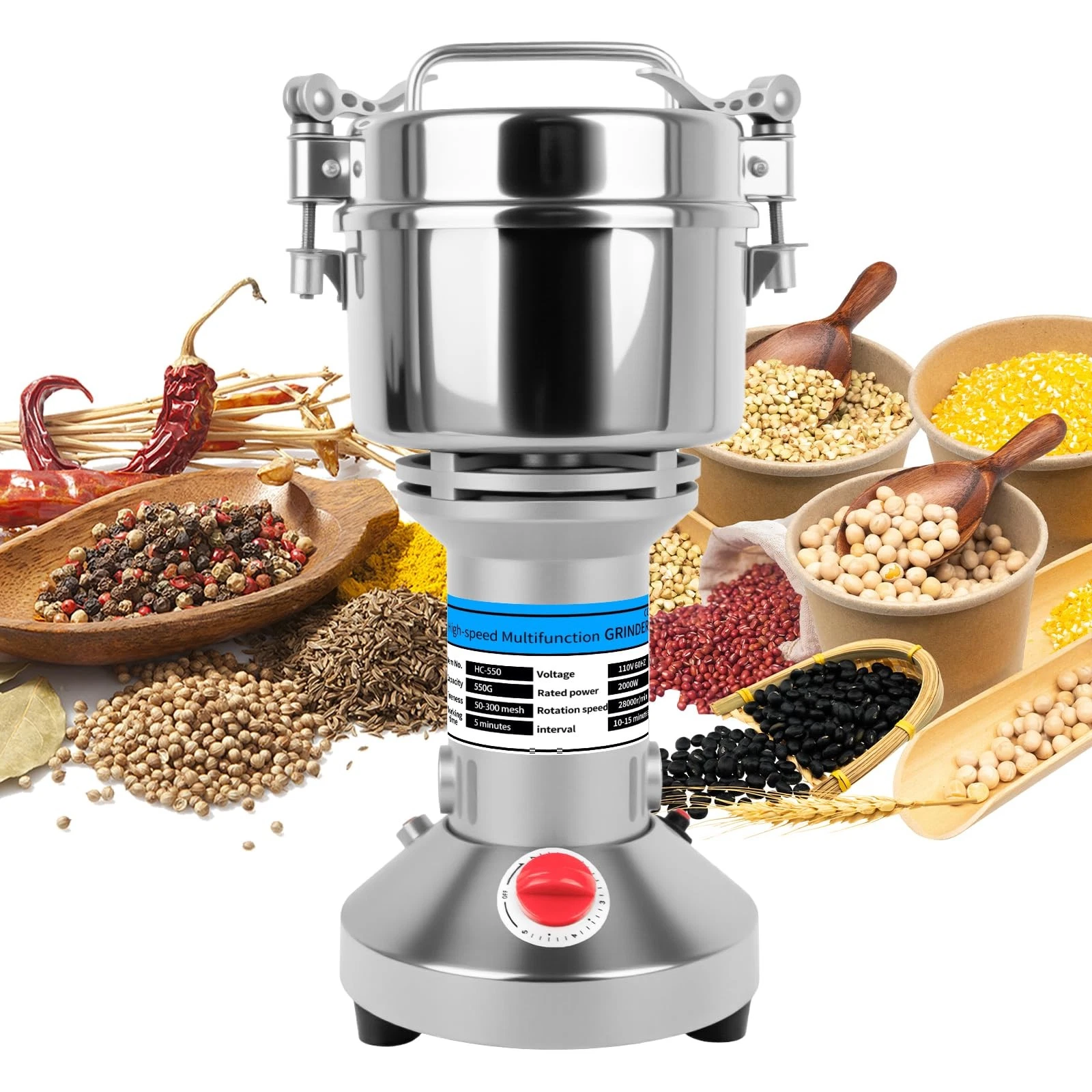 550g Grain Mill for Flour, Electric Spice Grinder, High-Speed Stainless Steel...