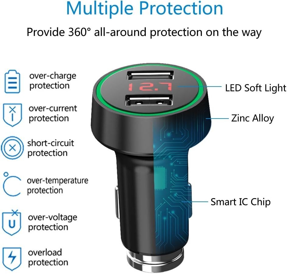 Elegant 24W Dual USB Car Charger with LCD Voltage Meter & LED Display - Black