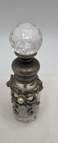 Vintage Perfume Bottle Frosted Glass Jeweled Ornate Pearl Ribbon ...