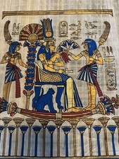 Egyptian Papyrus Painting Pharaoh & Attendants Scene With Hieroglyphs