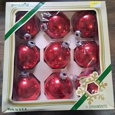 Box of 9 Vintage RED Glass Christmas Ornaments 2.5" Pyramid Made In USA
