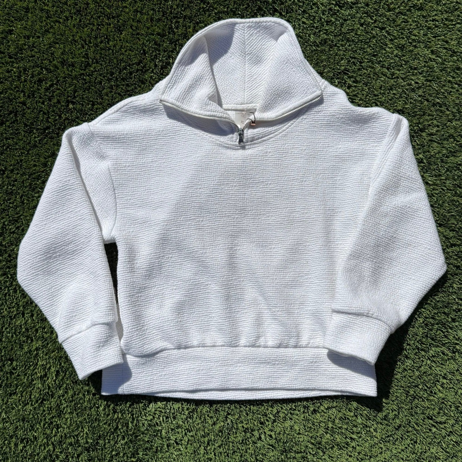 Calia Womens White Textured Quarter Zip Pullover Funnel Neck Sweatshirt XS