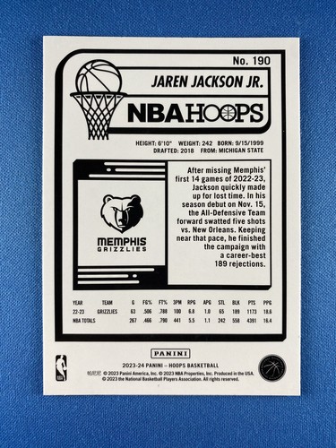 Jaren Jackson Jr. 2023-24 Aros #190 Teal Explosion Memphis Grizzlies - Imagen 2 de 2