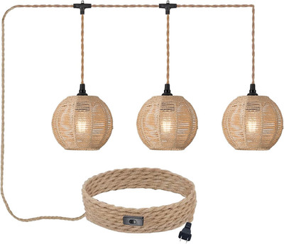 Boho Rattan Plug-in Pendant Light with 22ft Cord for Bedroom & Kitchen